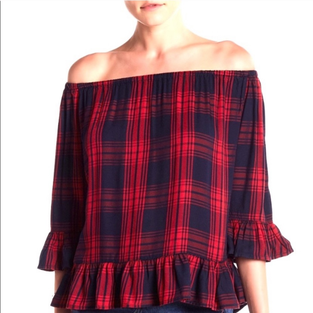 BeachLunchLounge Plaid Peplum Off shoulder top